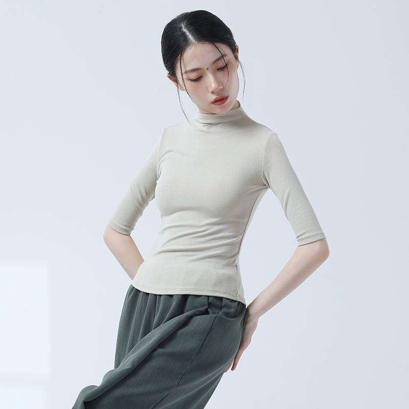 Modern classical dance exercise exercise semi -high -necked middle -sleeved female top dance service slim body training autumn and winter bottom shirt