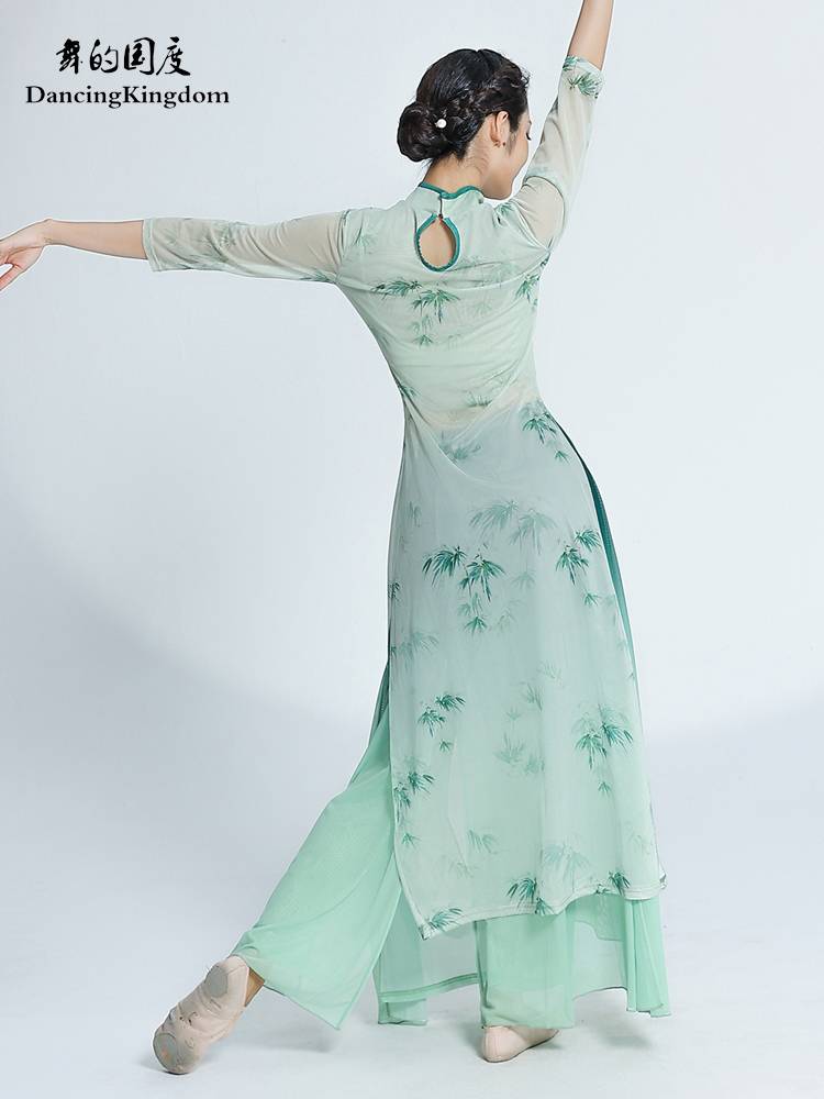 Dance national classical classical green cheongsam dance service female elegant and ancient style elastic gauze practice service performance service