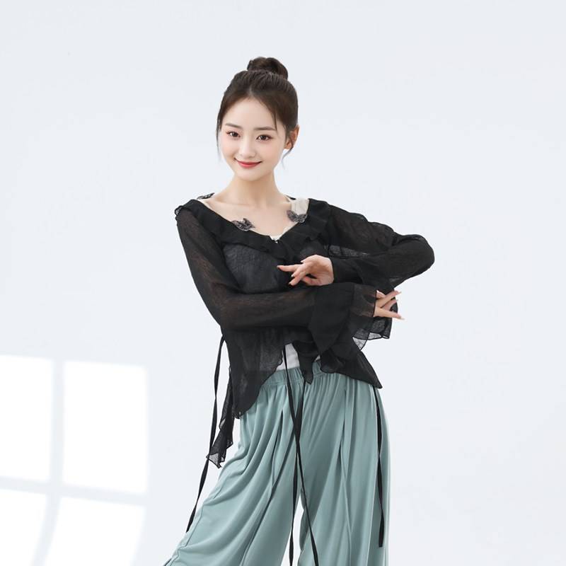 Classical dance horn long -sleeved dance practice service female adult elegant yarn modern dance top dance female shapes national dance service