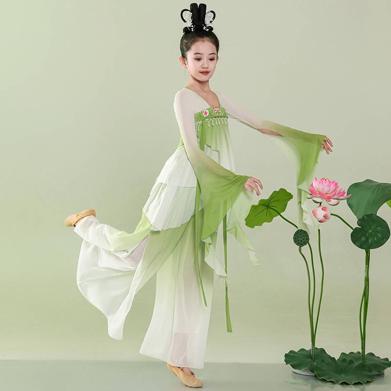 Children's Classical Dance Jiangnan Cai Cai Lotus Dance Clothing Performs the Women's Severe Hanfu Gine Dress Practice Chinese Wind