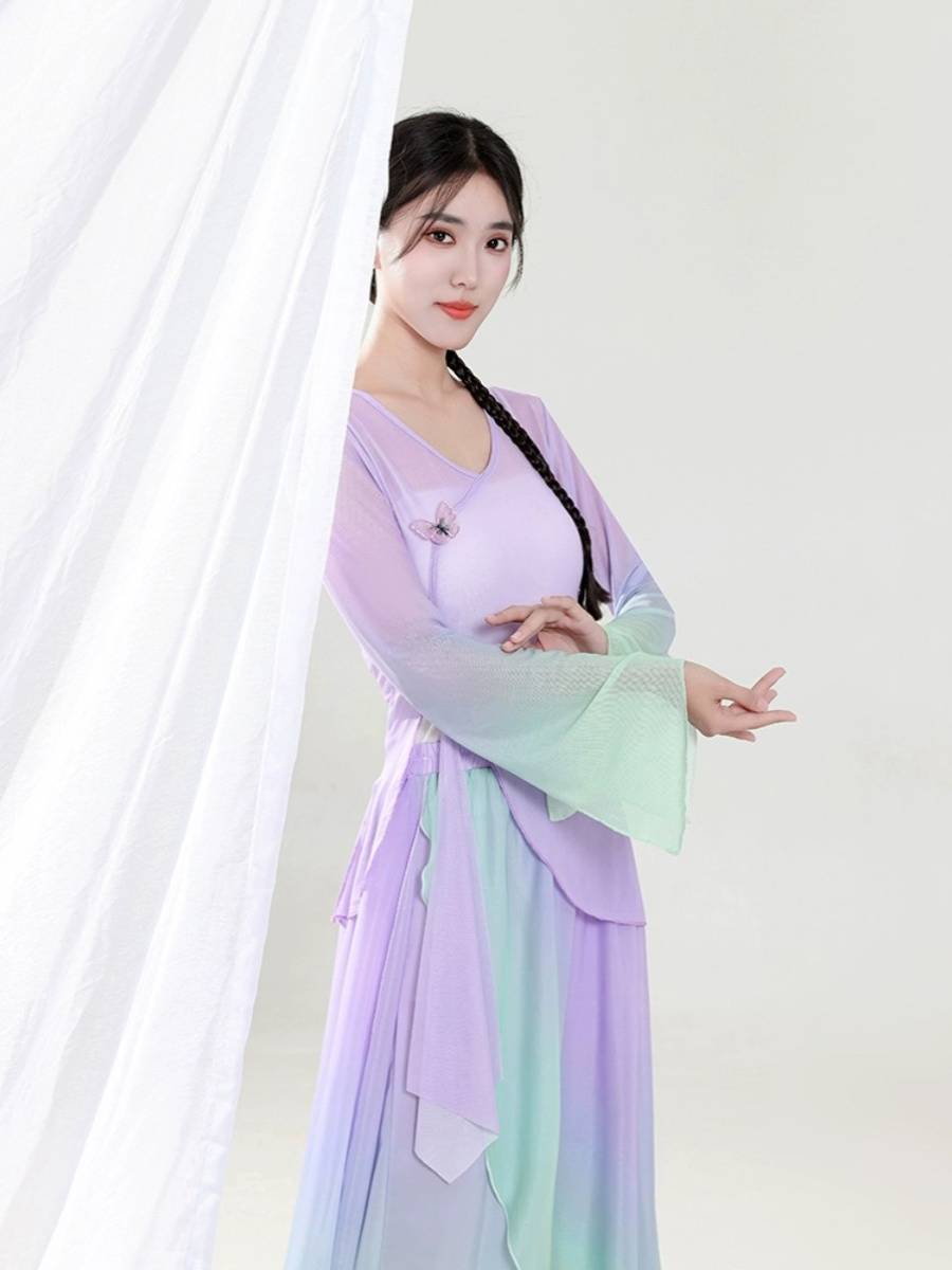 Classical dance clothing practice service women's elasticity Gradient mesh butterfly top Chinese dance body rhyme national performance clothing