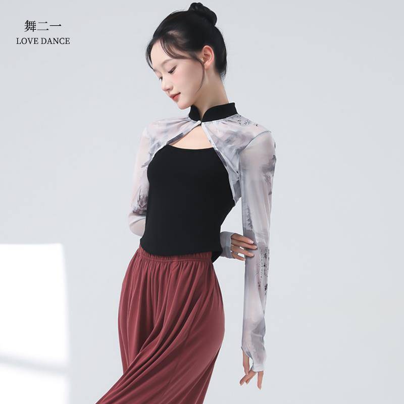 Classical dance exercise girl new Chinese national style dance service shirt Modern dance fake two -piece finger net fingertips training suit