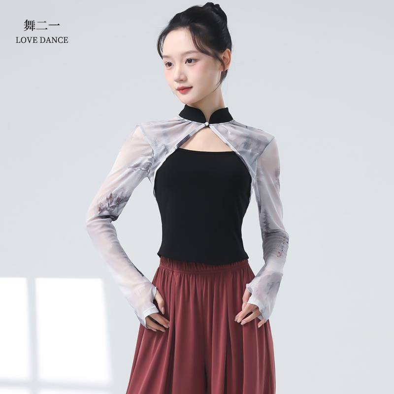 Classical dance exercise girl new Chinese national style dance service shirt Modern dance fake two -piece finger net fingertips training suit