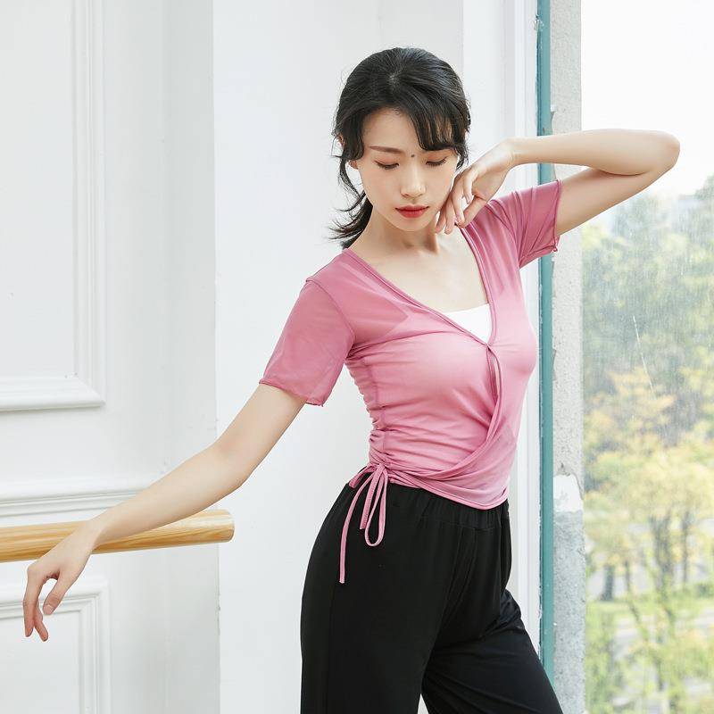 New dance net gauze top female adult ballet exercise short -sleeved classical dance body rhyme gauze performance service