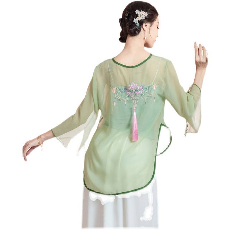 Classical dance clothing embroidered rhyme gauze elegant chiffon Chinese dance exercise performance clothes top