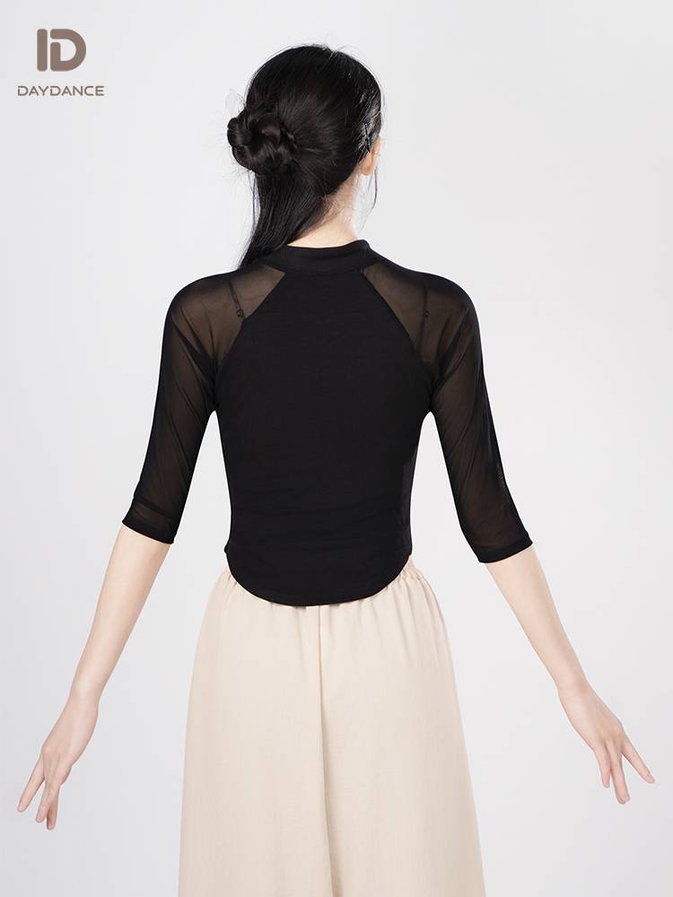Dance service top female modern dance exercises in summer new black stand -up neck long sleeves Chinese classical dance -shaped dress