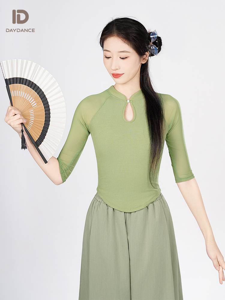 Dance service top female modern dance exercises in summer new black stand -up neck long sleeves Chinese classical dance -shaped dress