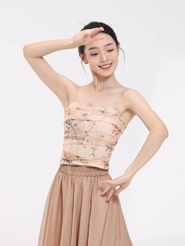 Fuxi Classical Dance Dance Dressing Dressing Service Dress in the bottom of the bottom, print the printing suspended vest vest, net yarn dance clothing