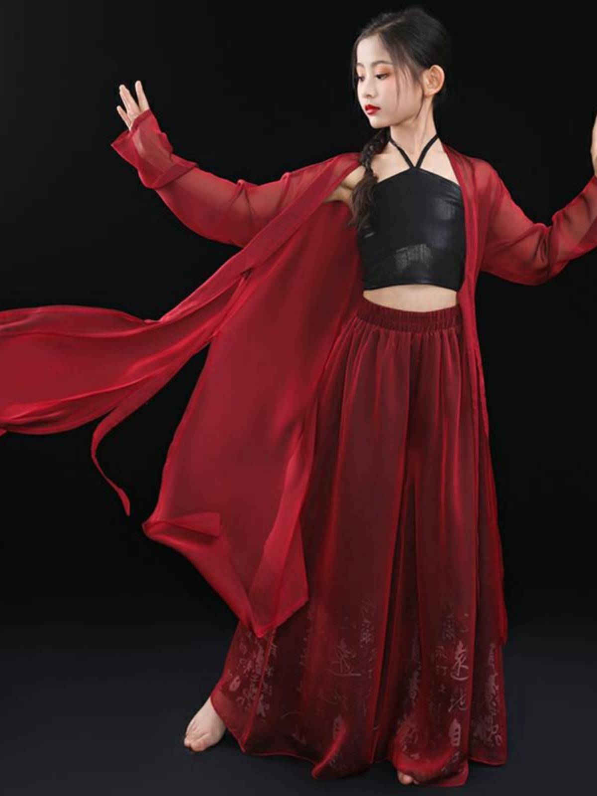 Children's classical dance clothing ancient style jazz dance clothing gauze national style youth black and red pants with a whole set