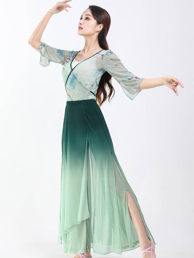 Chinese classical dance yarn dance dance training temperament printing jacket elegant set of blue and white porcelain flower rain setting performance clothes