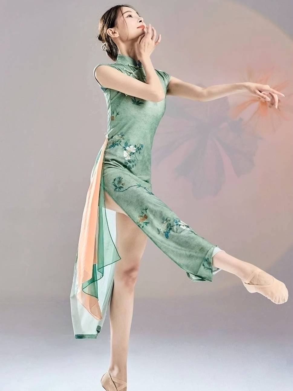Classical Dance Performance Services New Guofeng Elastic Cheongsam Copy Wayless Printing Rhyme Chinese Dance Clothing Slim Slipper