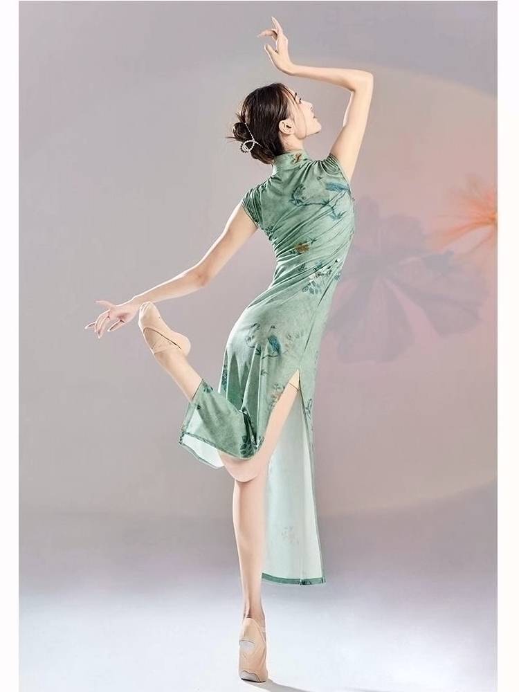Classical Dance Performance Services New Guofeng Elastic Cheongsam Copy Wayless Printing Rhyme Chinese Dance Clothing Slim Slipper
