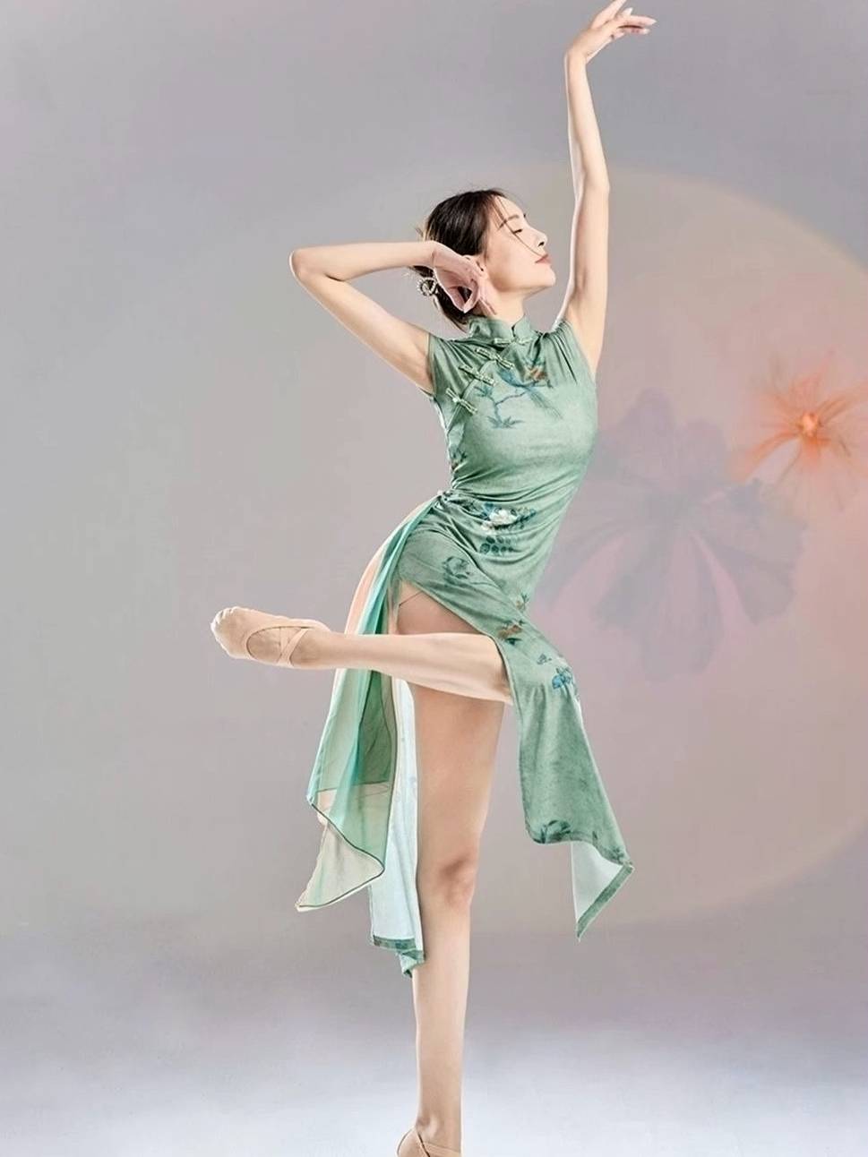 Classical Dance Performance Services New Guofeng Elastic Cheongsam Copy Wayless Printing Rhyme Chinese Dance Clothing Slim Slipper