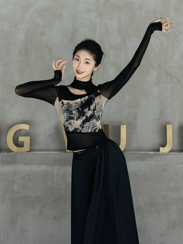New Chinese national style dance service calligraphy printing net gauze classical dance exercise skills body rhyme gauze modern dance top