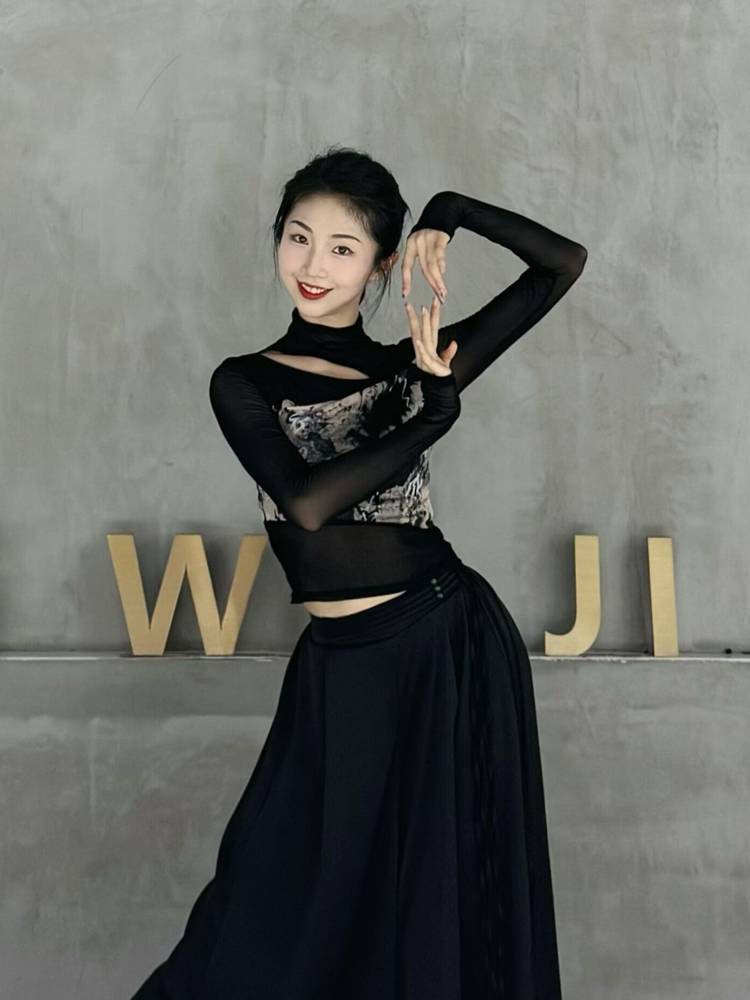 New Chinese national style dance service calligraphy printing net gauze classical dance exercise skills body rhyme gauze modern dance top
