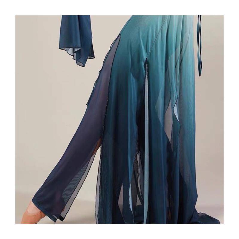 Classical dance body rhyme, exercise, gradient color dumping sleeve sleeve dance clothes gauze female fiber clouds, wide -leg pants