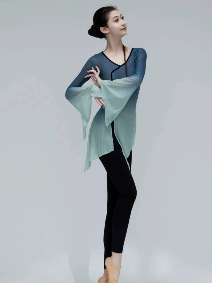 Classical dance clothing female elegant practice service female body yun yun yun clothing fairy gradient art test base training clothing blue -green