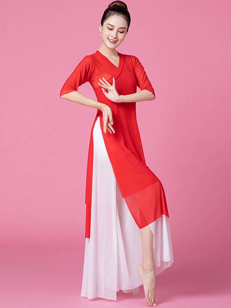 Classical dance yarn long dance practice Han clothing performance showing thin leg pants female body rhyme double layer of elegant gauze clothes