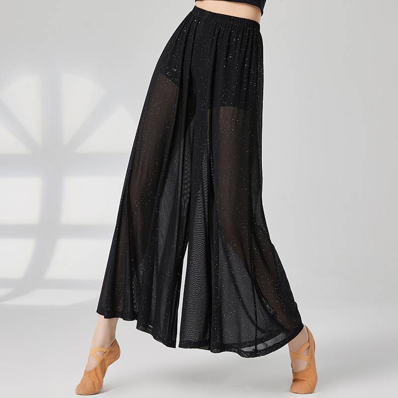 Loose high -waisted classical dance wide -leg pants Chinese modern exercise clothing clothing female white net yarn elegant