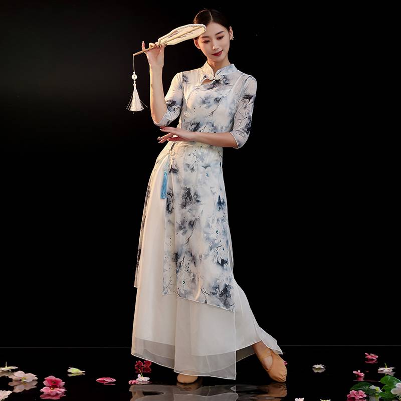 Classical Dance Performance Services Female Permaneous Cheongsam Elastic gauze Chinese style practice square dance new set dance clothing