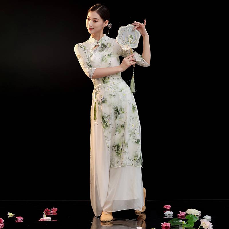 Classical Dance Performance Services Female Permaneous Cheongsam Elastic gauze Chinese style practice square dance new set dance clothing
