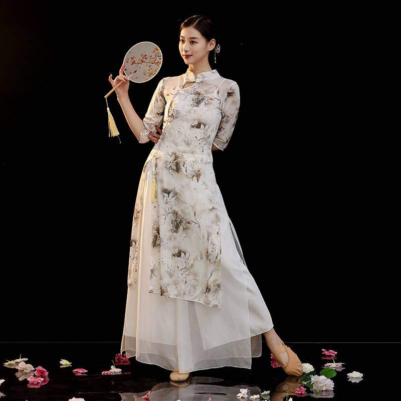 Classical Dance Performance Services Female Permaneous Cheongsam Elastic gauze Chinese style practice square dance new set dance clothing