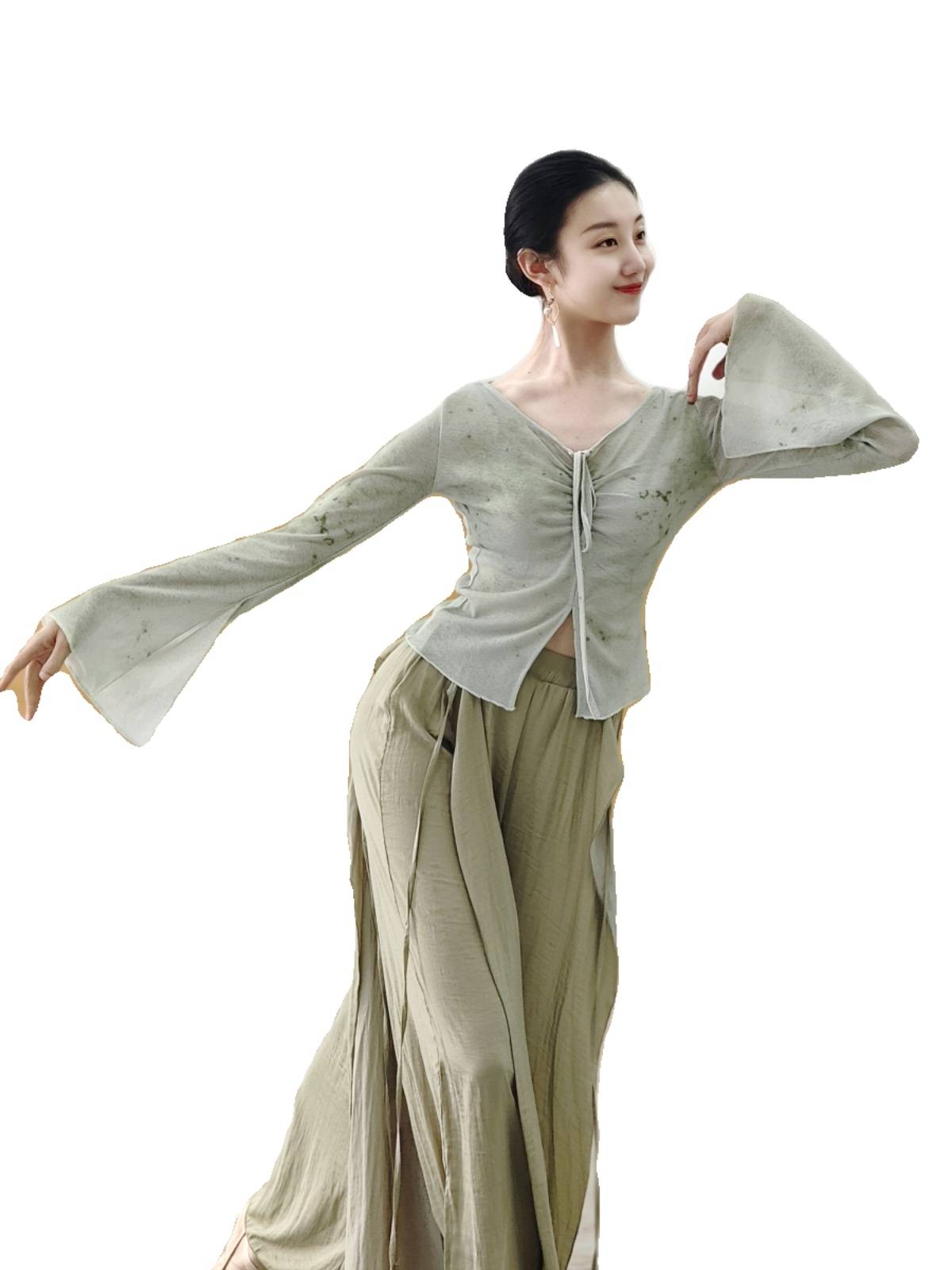 Classical dance printing long sleeve top Chinese dance service modern dance exercise skills suit suit performance performance