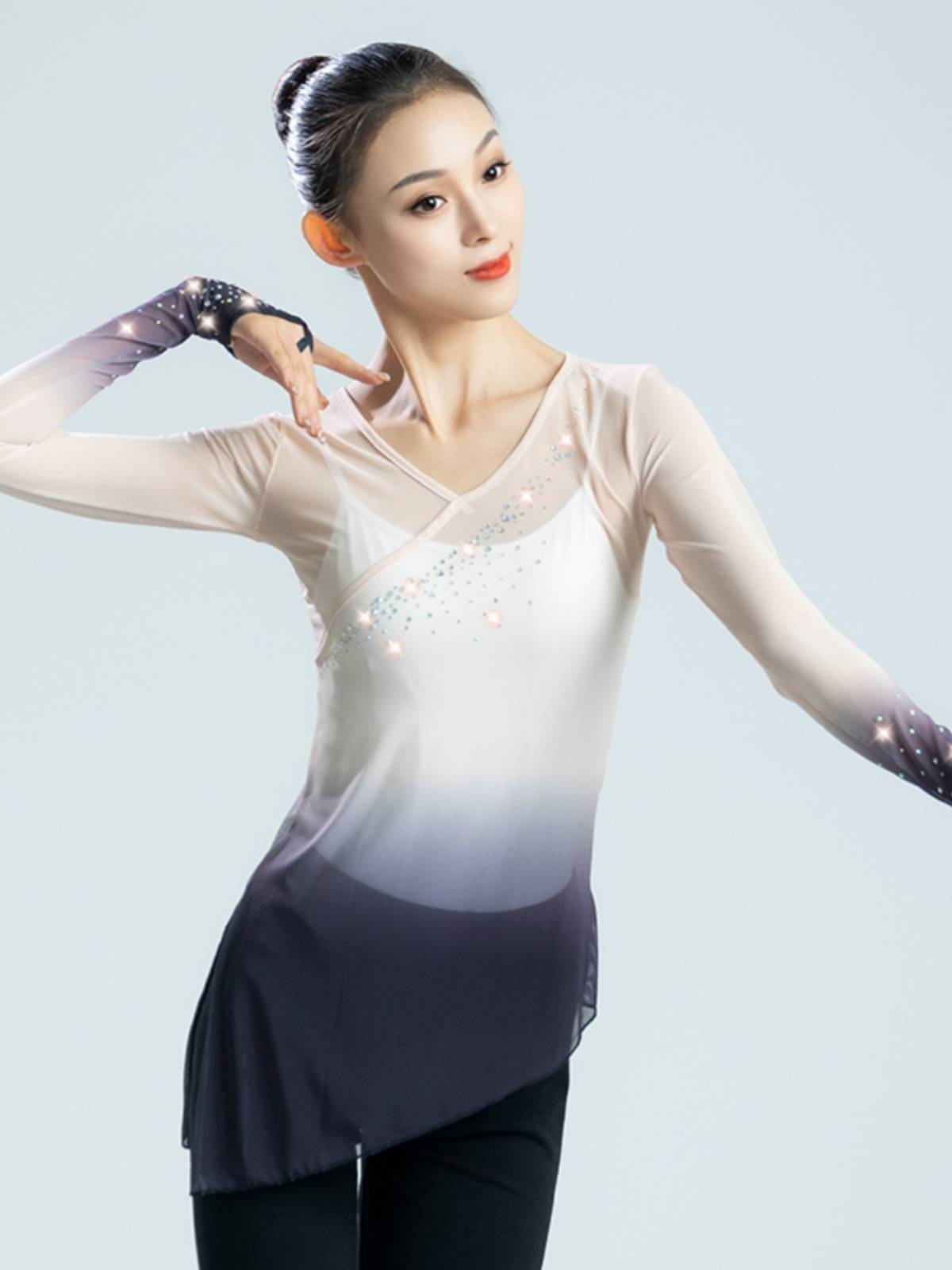 Classical dance practice service color diamond Chinese dancers, long -sleeved elegant gradient gauze, northern dance art test service