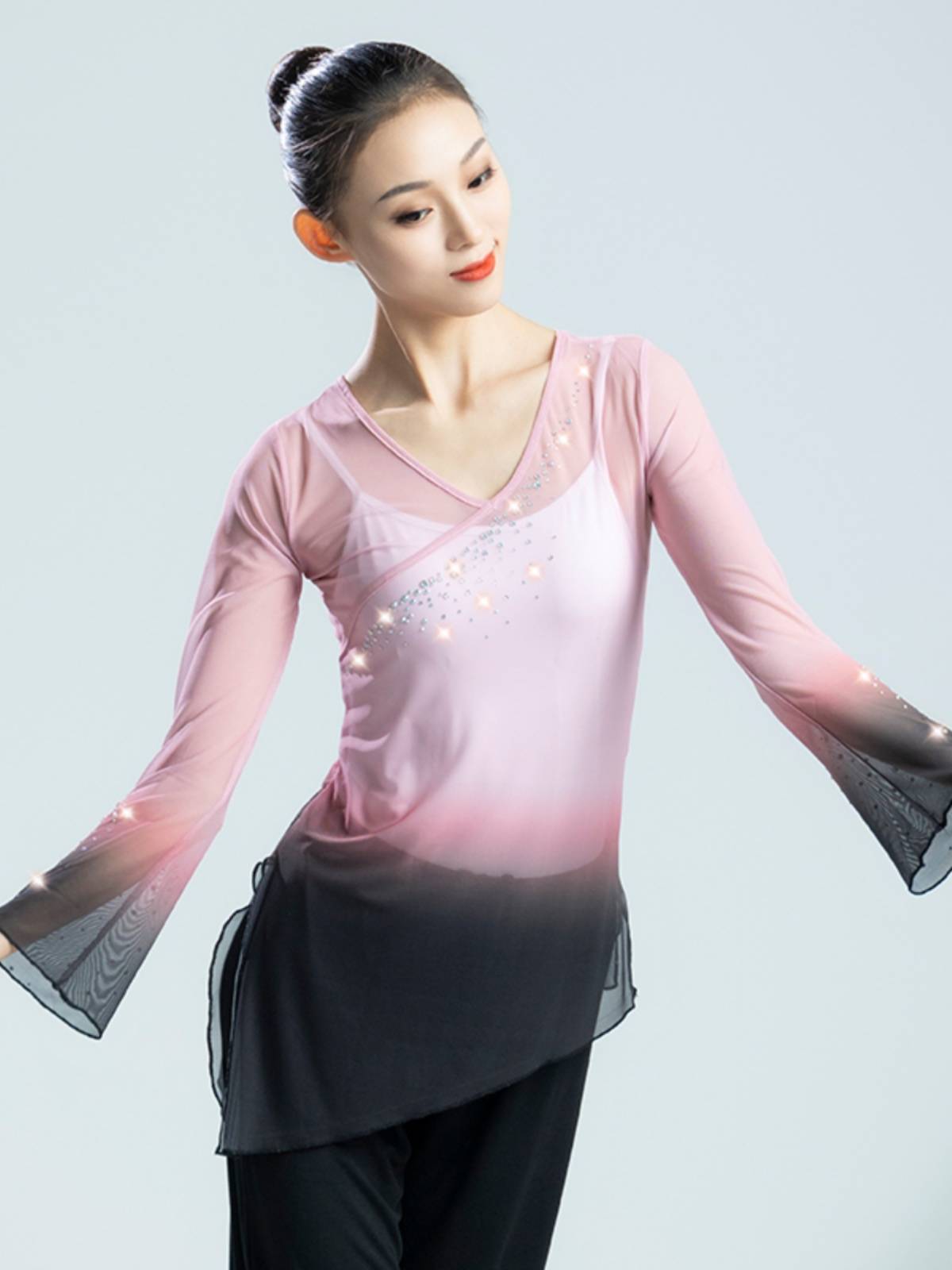 Classical dance practice service color diamond Chinese dancers, long -sleeved elegant gradient gauze, northern dance art test service