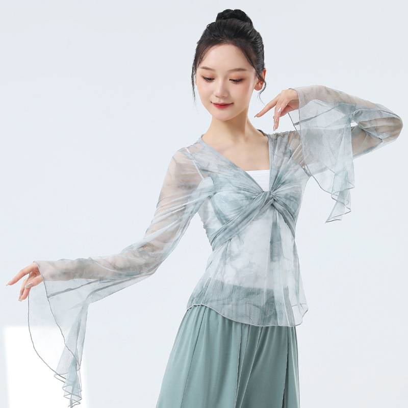 Classical dance net gauze dance service female summer sunscreen street wears new printed elegant horn lotus leaf sleeves daily top