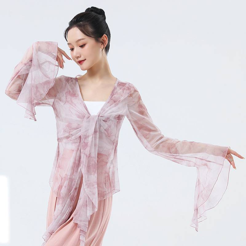 Classical dance net gauze dance service female summer sunscreen street wears new printed elegant horn lotus leaf sleeves daily top