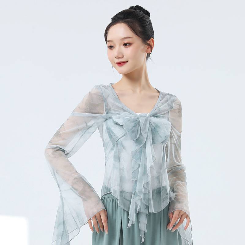 Classical dance net gauze dance service female summer sunscreen street wears new printed elegant horn lotus leaf sleeves daily top