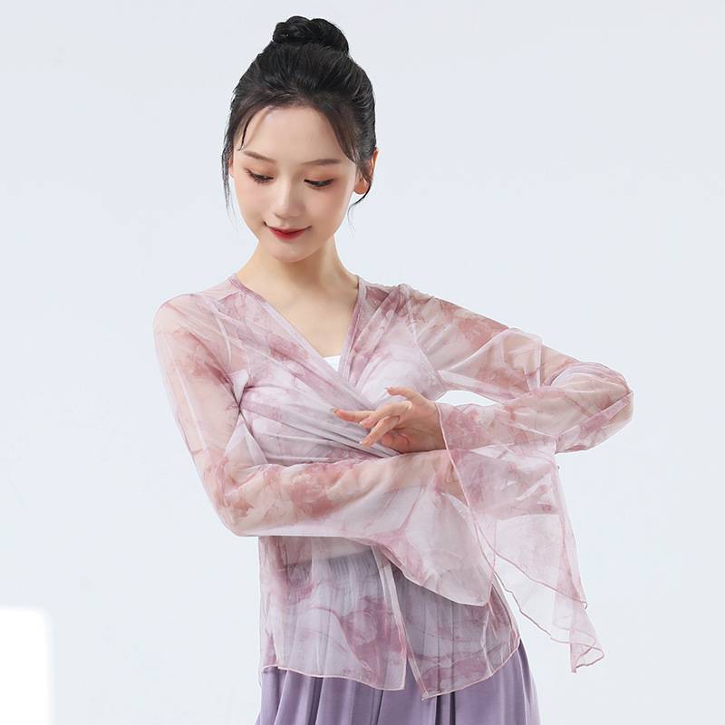 Classical dance net gauze dance service female summer sunscreen street wears new printed elegant horn lotus leaf sleeves daily top
