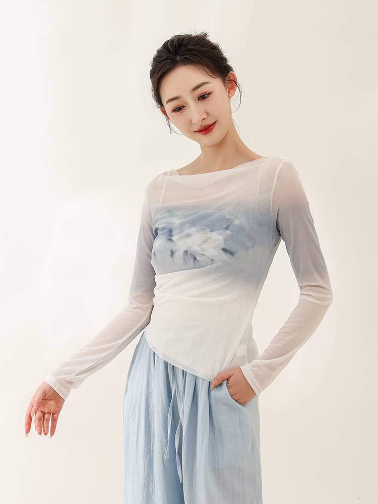 Chun Ruoji Classical Dance Salvation Printing Long Sleeve Body Rhyme Daily Jersey Chinese Dance Modern Dance Practice Dance Series