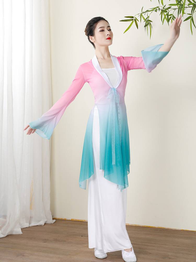 Classical dance body rhyme gauze gradient color, elegant net yarn fairy shirt, pink flower, ancient style, ancient style Taihu beautiful dance service