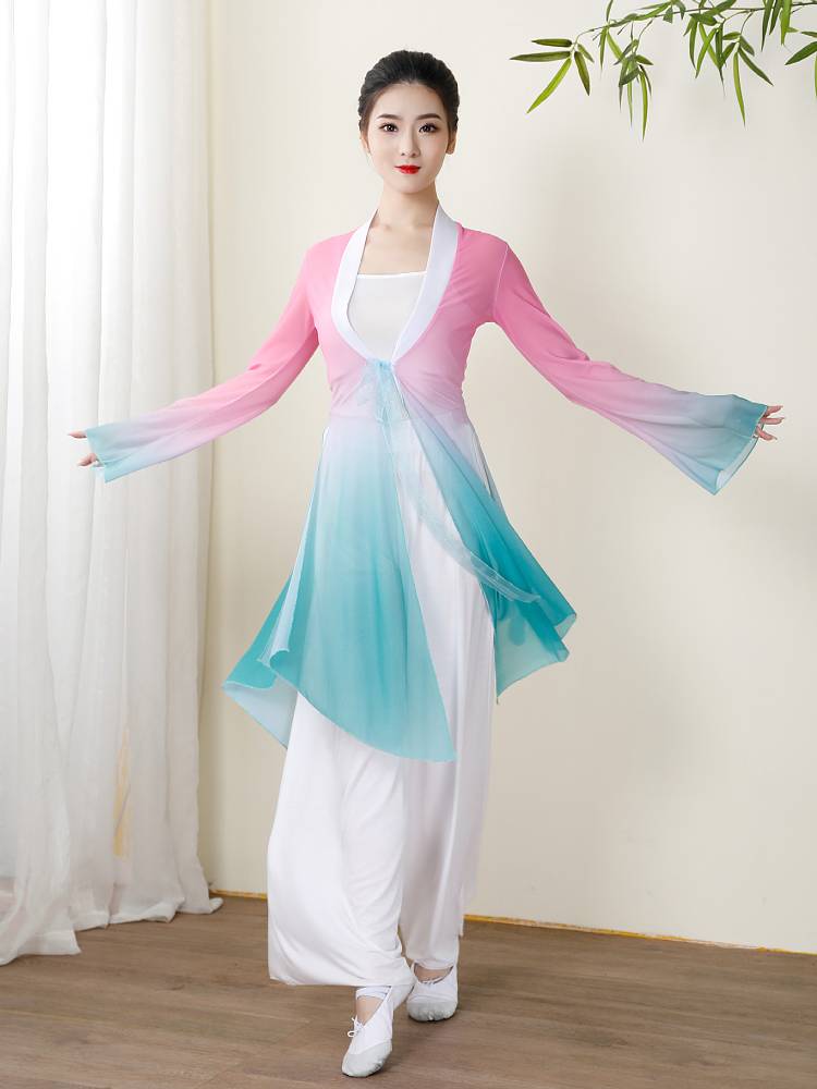 Classical dance body rhyme gauze gradient color, elegant net yarn fairy shirt, pink flower, ancient style, ancient style Taihu beautiful dance service