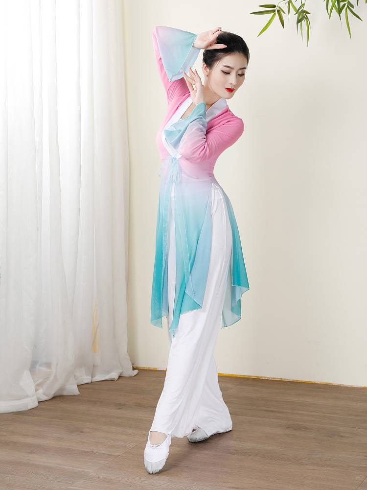 Classical dance body rhyme gauze gradient color, elegant net yarn fairy shirt, pink flower, ancient style, ancient style Taihu beautiful dance service