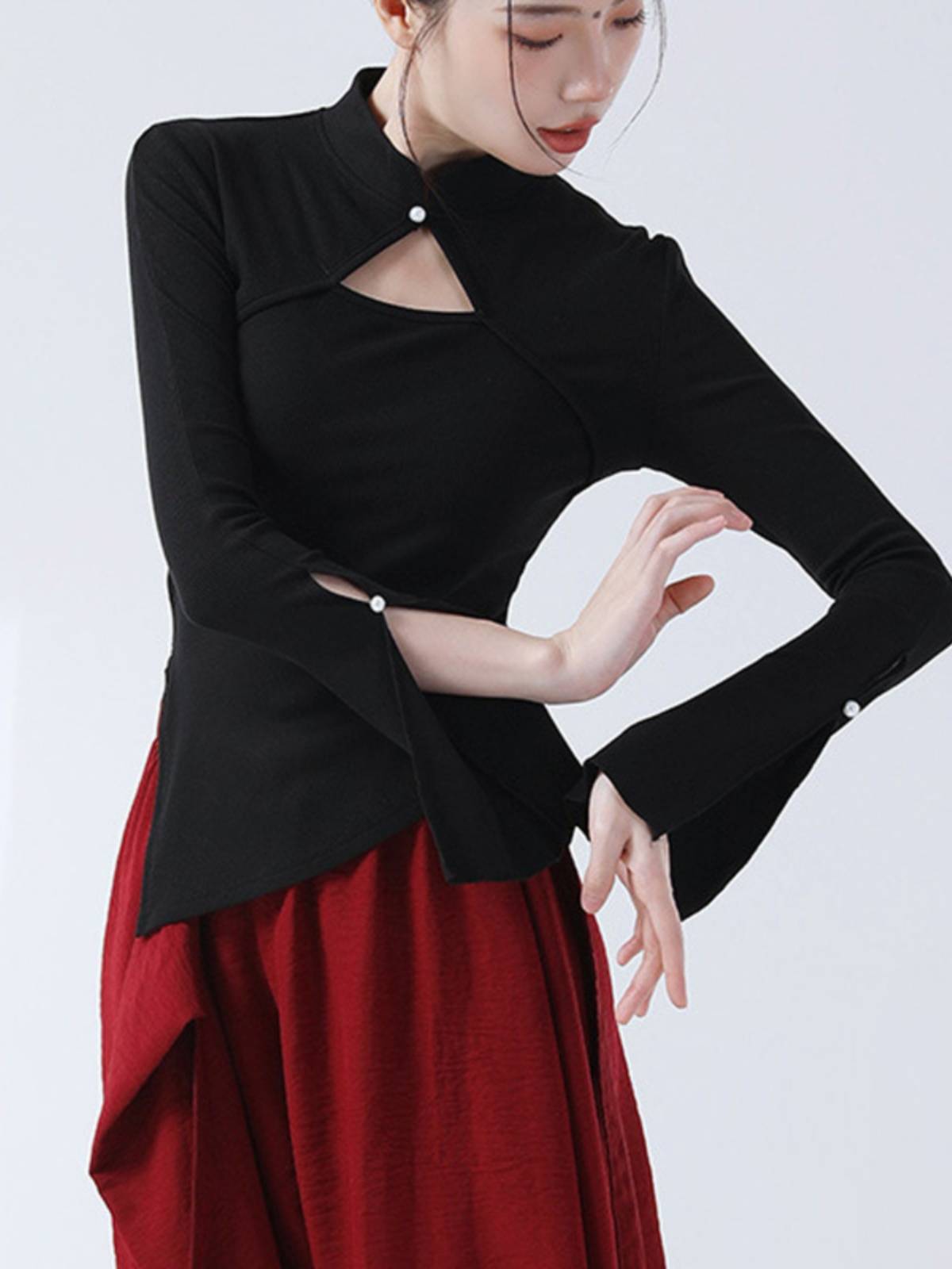 Chinese -style improved cheongsam lead dance dance practice service autumn and winter horn sleeve -shaped sports student modern classical classical dance female top