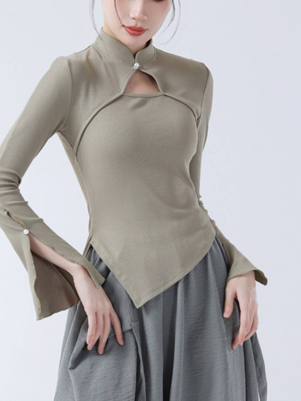 Chinese -style improved cheongsam lead dance dance practice service autumn and winter horn sleeve -shaped sports student modern classical classical dance female top