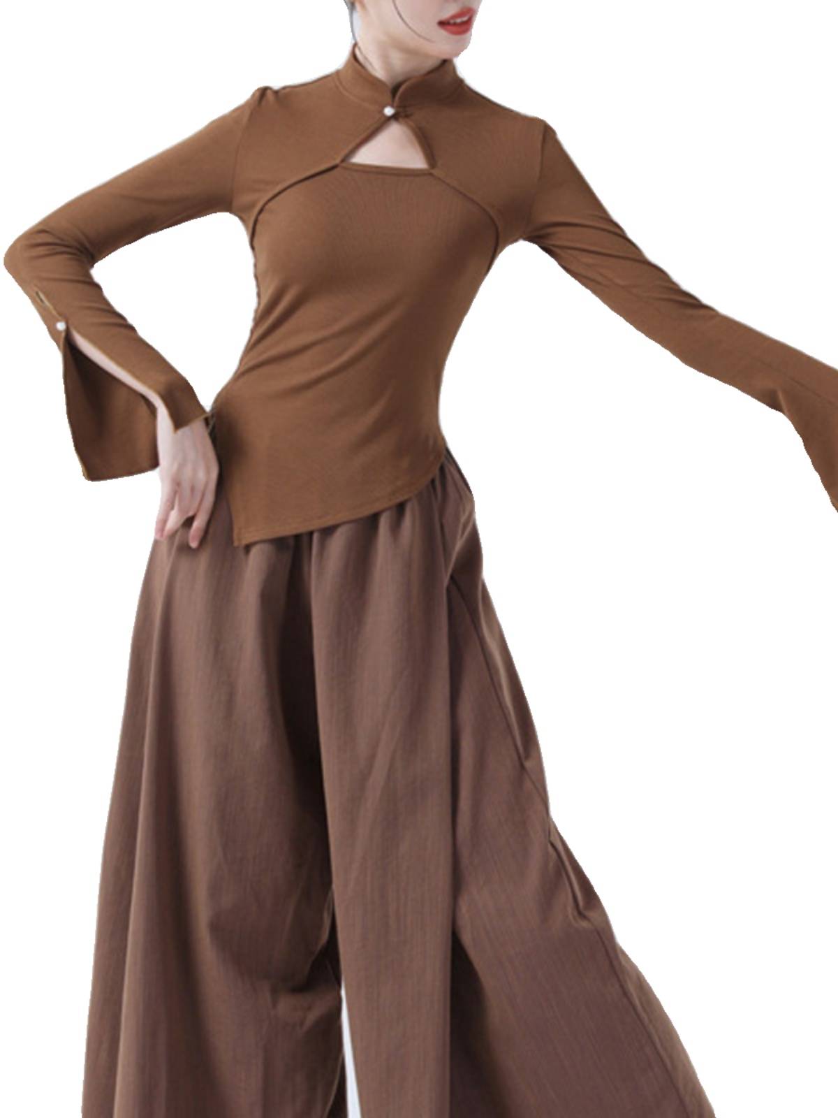 Chinese -style improved cheongsam lead dance dance practice service autumn and winter horn sleeve -shaped sports student modern classical classical dance female top