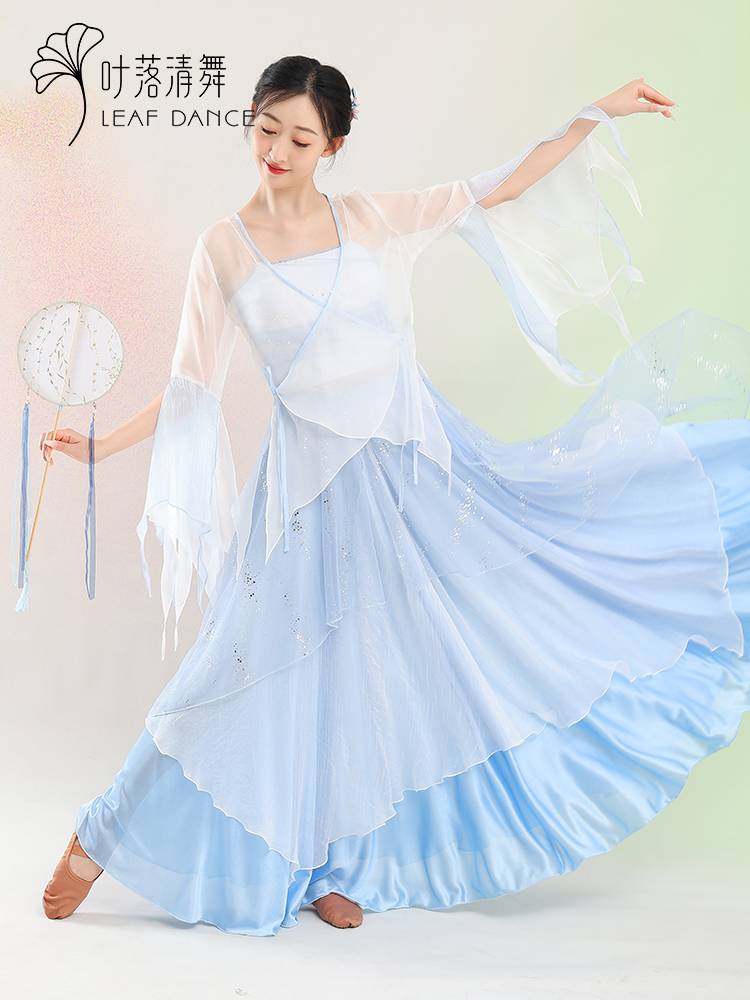 Ye Luo Qing dance classical dance clothing contrasting color net gauze stitching big skirt, elegant Chinese dance training meal show performance suit