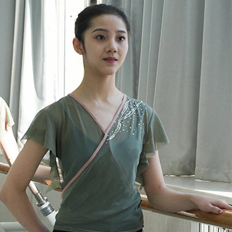 Classical dance rhyme gauze art test dance clothing net gauze short -sleeved Chinese dance base training uniform with drilling rhyme exercise uniform top