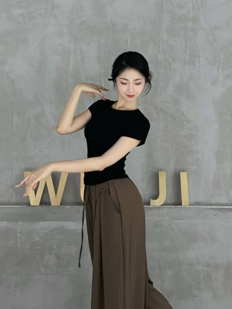 Modern dance top short -sleeved exposed dance service summer classical dance exercise uniform black shape training service Chinese dance