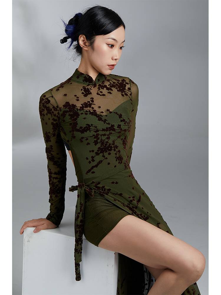 Gorgeous Show New Velvet Binding Cheongsam Performance Server Short Dance Server Long Sleeve Elastic Classical Dance Practice Service