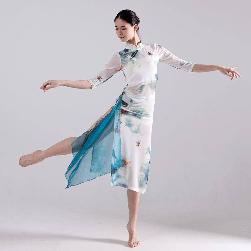 2024 Xinli ink dye cheongsam ancient style dance service blue and white scarf elegant print classical Oriental dance service