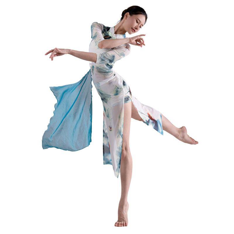 2024 Xinli ink dye cheongsam ancient style dance service blue and white scarf elegant print classical Oriental dance service