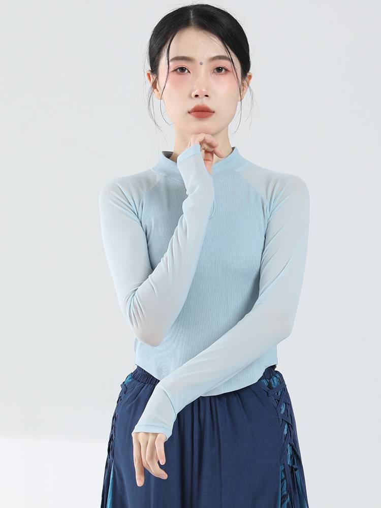 Modern dance exercise, female adult temperament slim stitching gauze sleeve top Chinese style dance clothing classical dance clothing