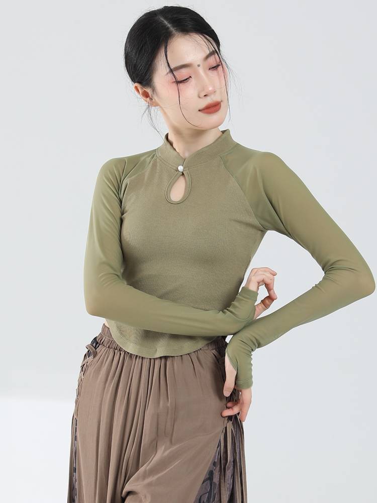 Modern dance exercise, female adult temperament slim stitching gauze sleeve top Chinese style dance clothing classical dance clothing