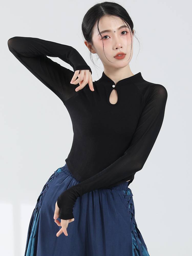 Modern dance exercise, female adult temperament slim stitching gauze sleeve top Chinese style dance clothing classical dance clothing