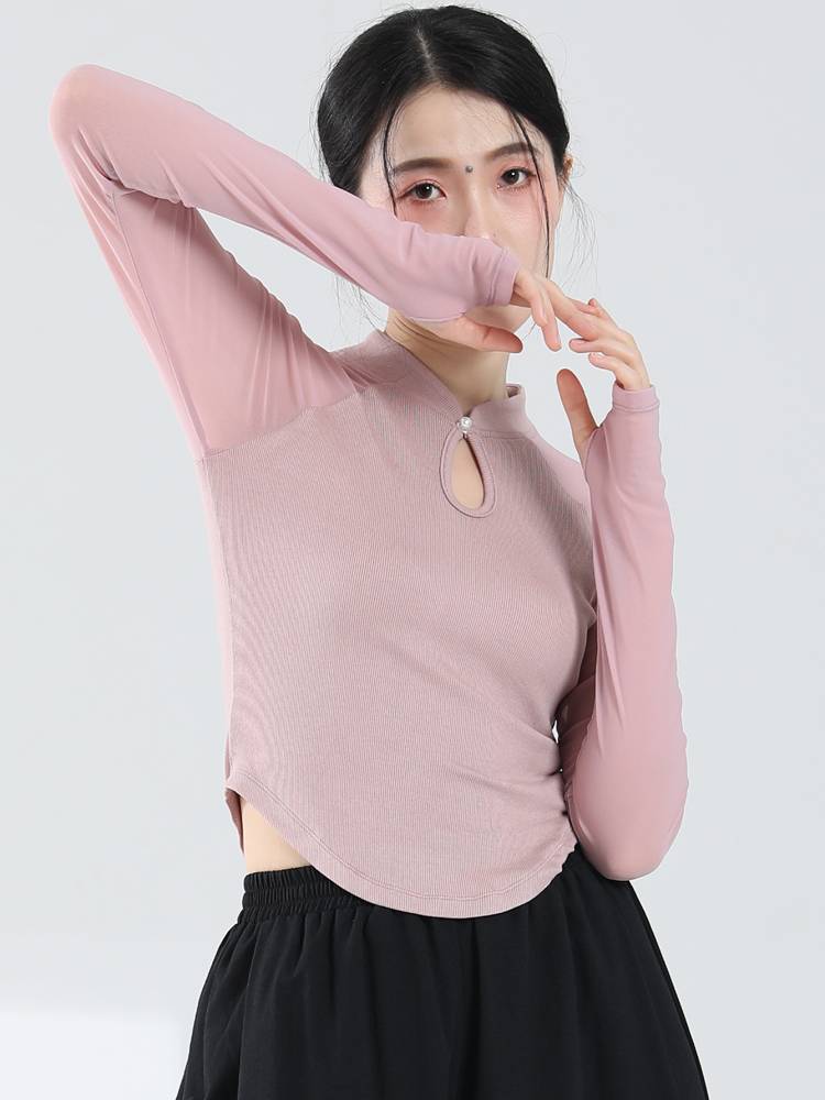 Modern dance exercise, female adult temperament slim stitching gauze sleeve top Chinese style dance clothing classical dance clothing